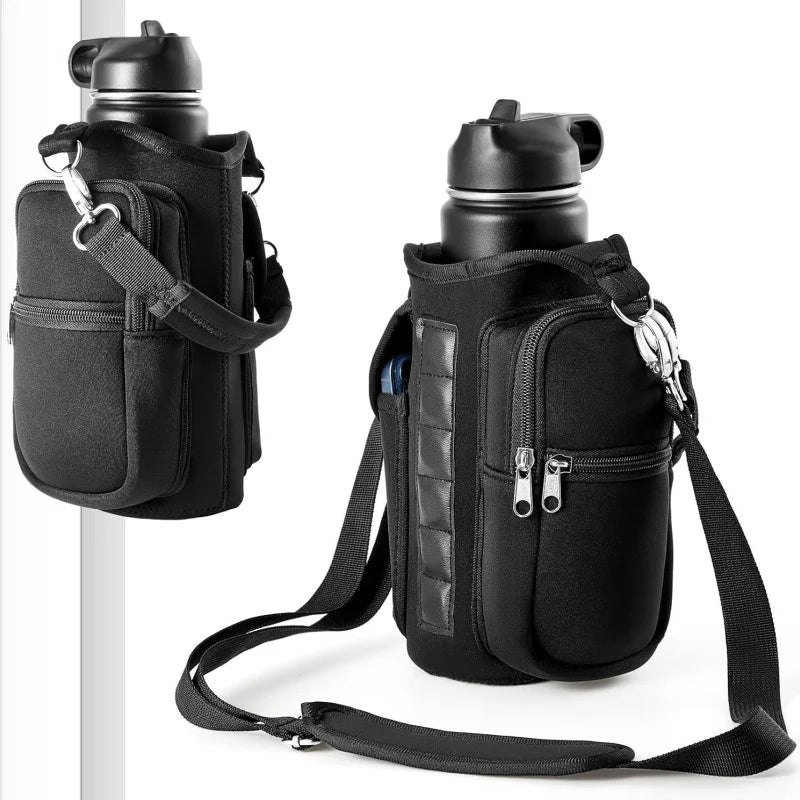 Magnetic Water Bottle Holder with Phone Pocket and Shoulder Strap - Features 6 Built-In Magnets